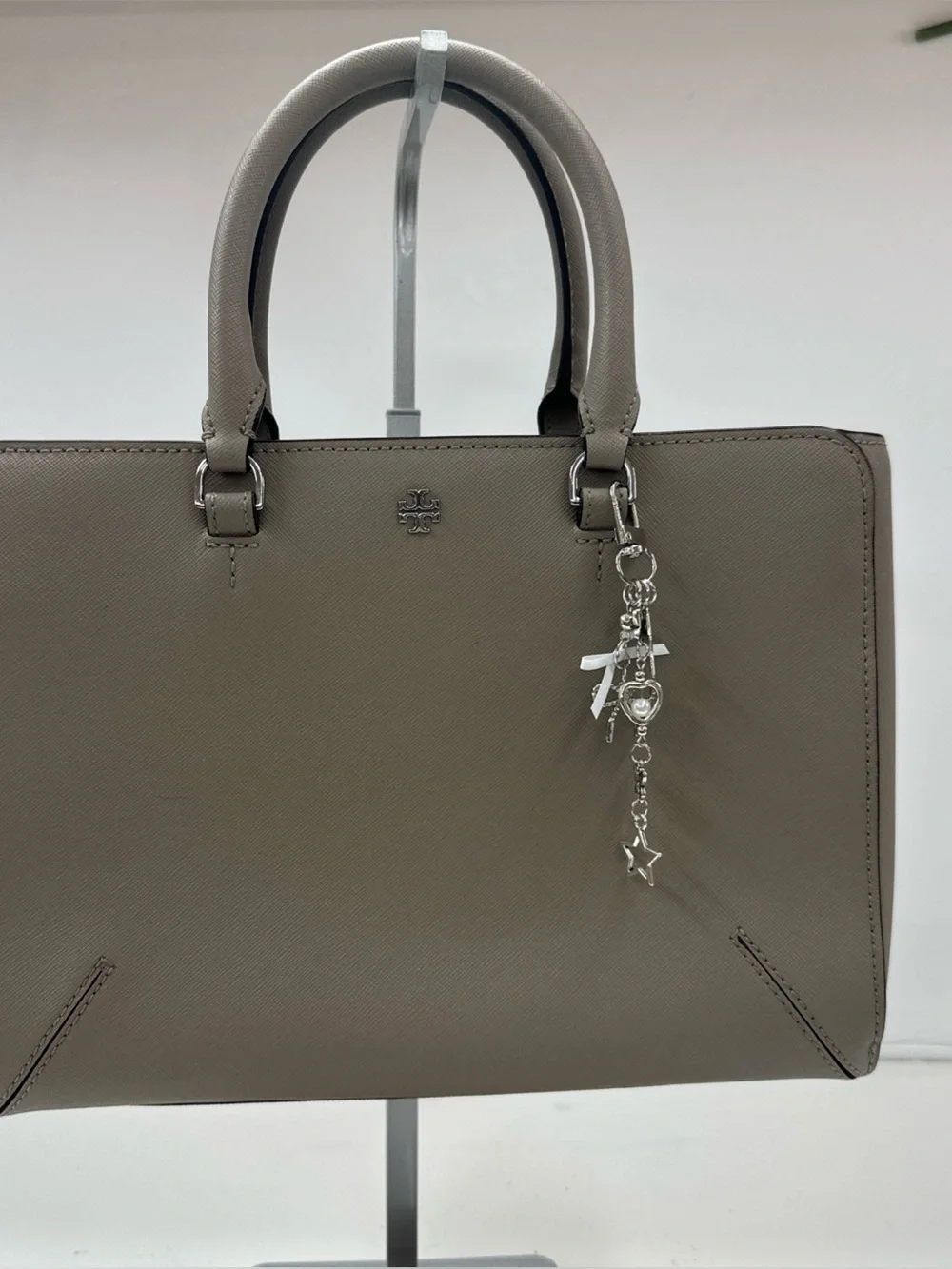 Tory Burch Olive Taupe Leather Tote with Charm